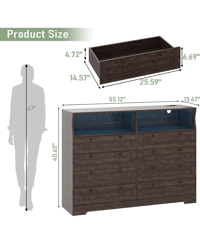 gaomon Dresser with 8 Drawers Wood Bedroom Dresser with Charging Station and Led Lights Large Modern Chest of Drawers for Bedroom Living Room Hallway