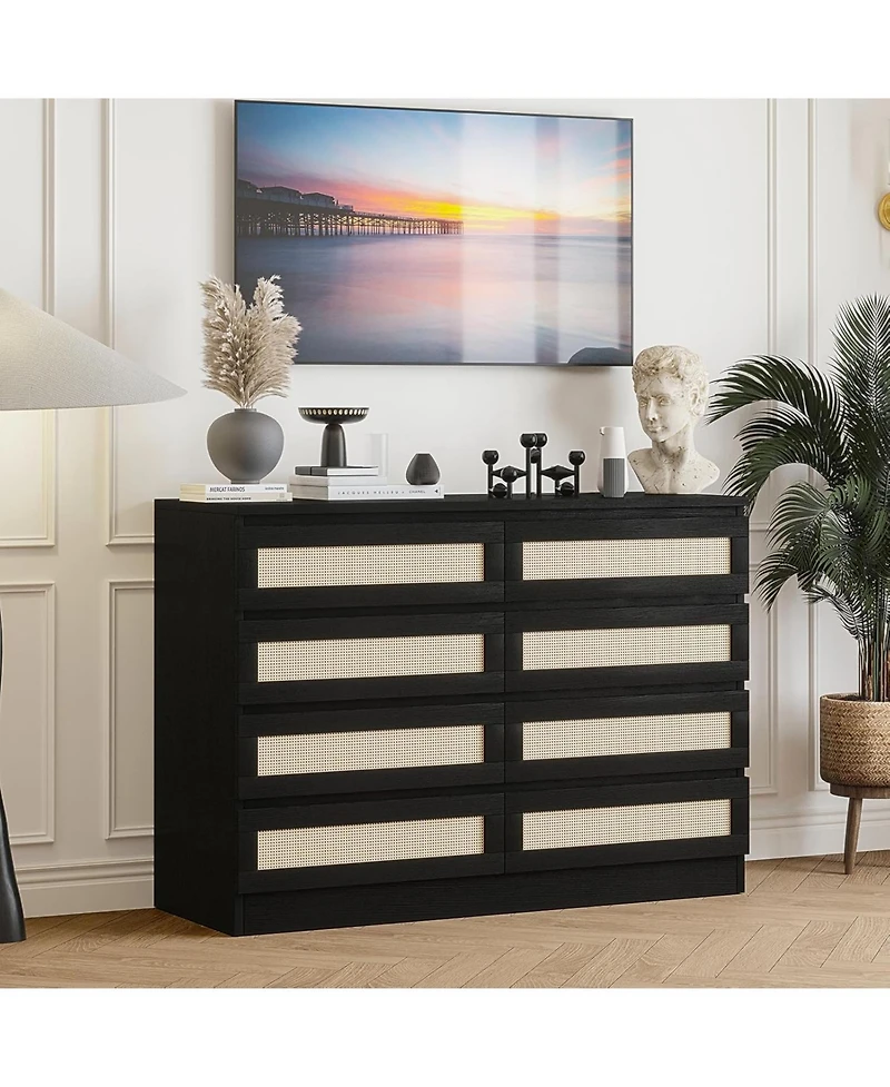gaomon 8 Drawer Natural Dresser for Bedroom, Modern Farmhouse Chest with Slim Wood Frame, Space-Saving Tv Stand