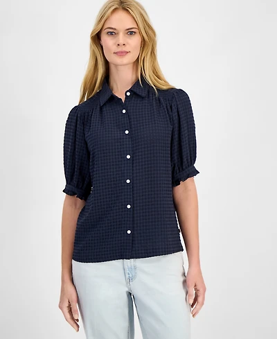 Nautica Women's Checked Short-Sleeve Smocked Blouse