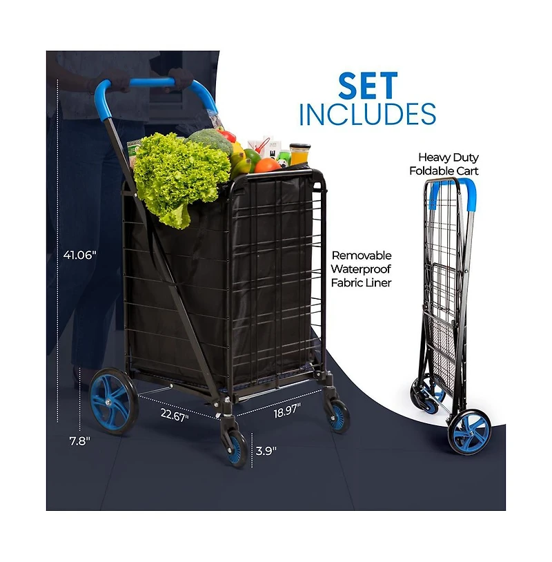 SereneLife Folding Utility Cart with Liner, Heavy-Duty, 360° Swivel Wheels, 70 lb Capacity, Portable for Groceries