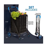 SereneLife Folding Utility Cart with Liner, Heavy-Duty, 360° Swivel Wheels, 70 lb Capacity, Portable for Groceries