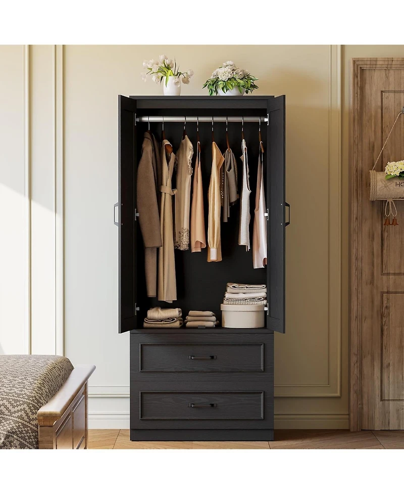 Likimio Black Armoire Wardrobe Closet with 2 Doors and 2 Drawers