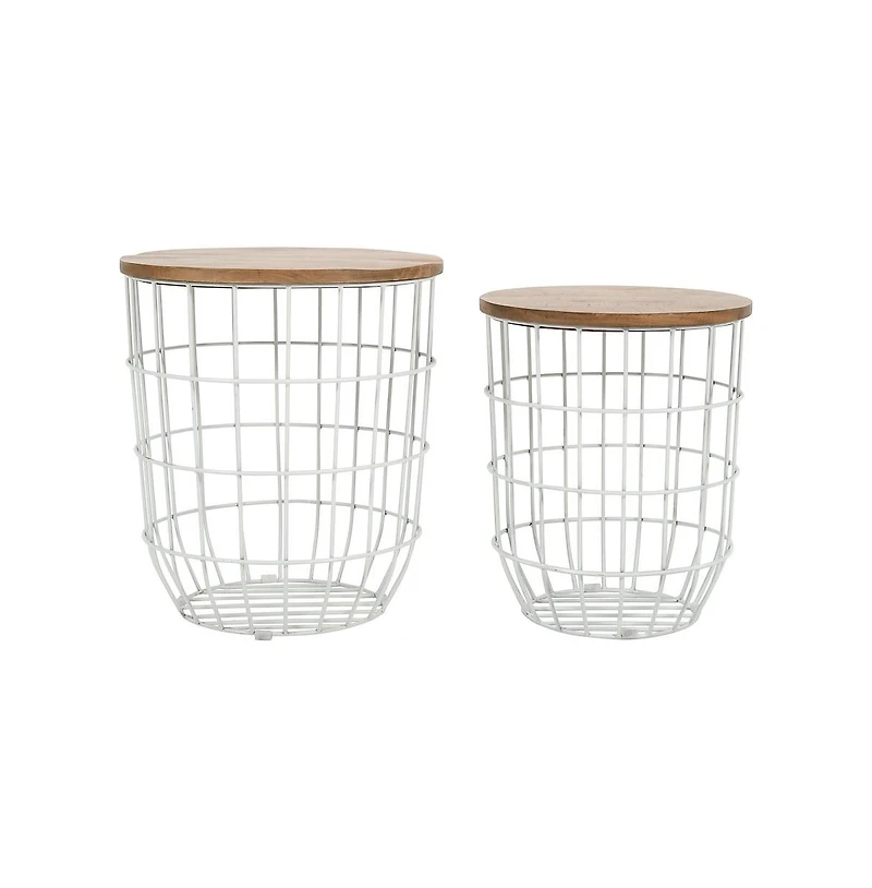 Global Archive Nested Storage Solid Wood and Metal Basket End Tables (Set of 2)
