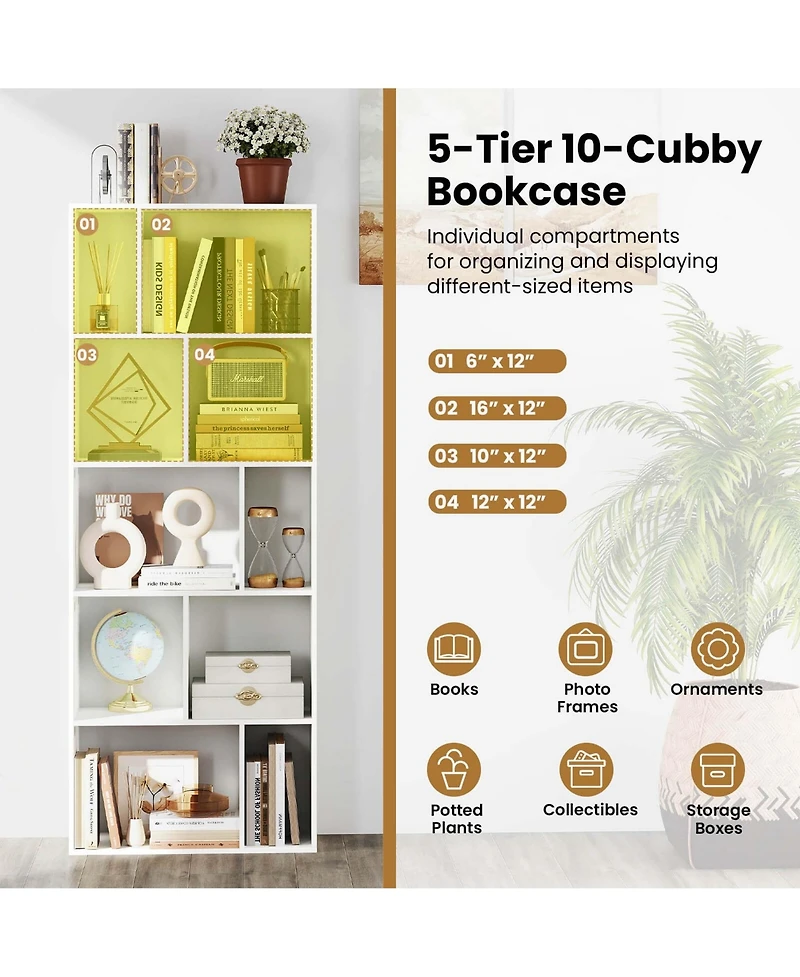 Costway 63" Tall Floor Standing Open Bookshelf with 10 Cubbies 5 Back Anti-falling Panels