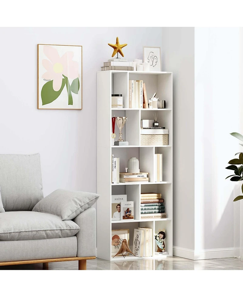 Costway 63" Tall Floor Standing Open Bookshelf with 10 Cubbies 5 Back Anti-falling Panels