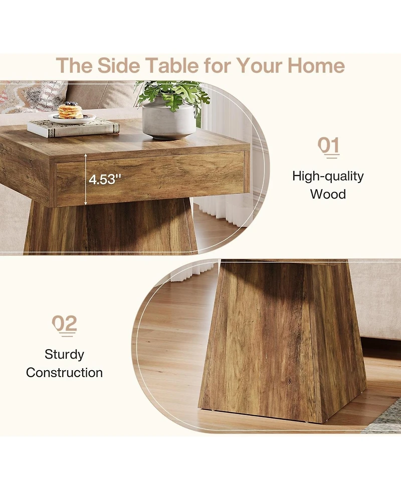 Tribesigns Small End Table, Rustic Square Side Table with Wide Base, Farmhouse Small Nightstand Beside Bed, Next to Armchair, for Living Room, Brown