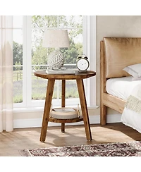 Tribesigns Solid Wood Round End Table, Sofa Side Table with Storage Shelf, Farmhouse Nightstand for Living Room, Bedroom