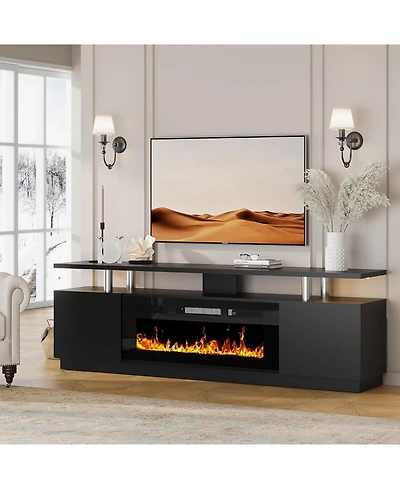 Gaomon 80" Tv Stand with 36" Electric Fireplace, 12 Flame Colors, Glass Shelves, Storage Cabinets