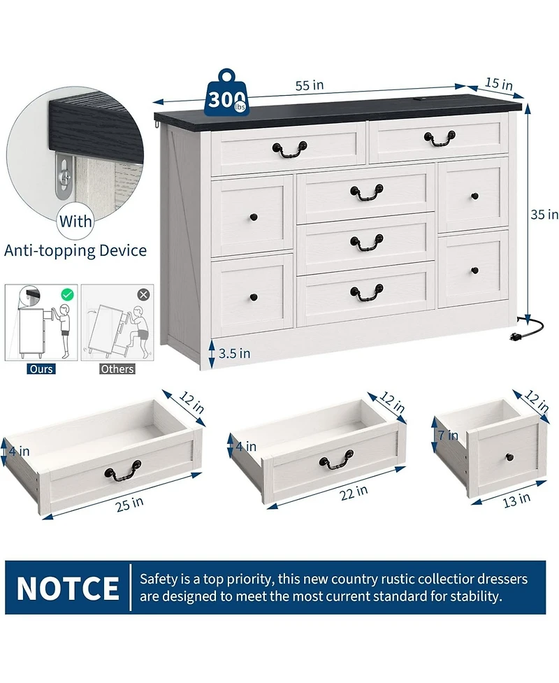 gaomon 9 Farmhouse Dresser with Charging Station & Metal Handle, Wooden Tv Stand with Dressers, 9 Drawer Dressers for Bedroom Living Room Enterway
