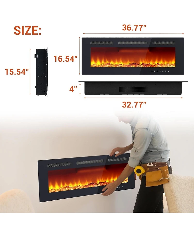 Gaomon 40" Wall Mounted/Recessed Electric Fireplace, 12 Flame Colors, Remote Control, 750/1500W, Log & Crystal