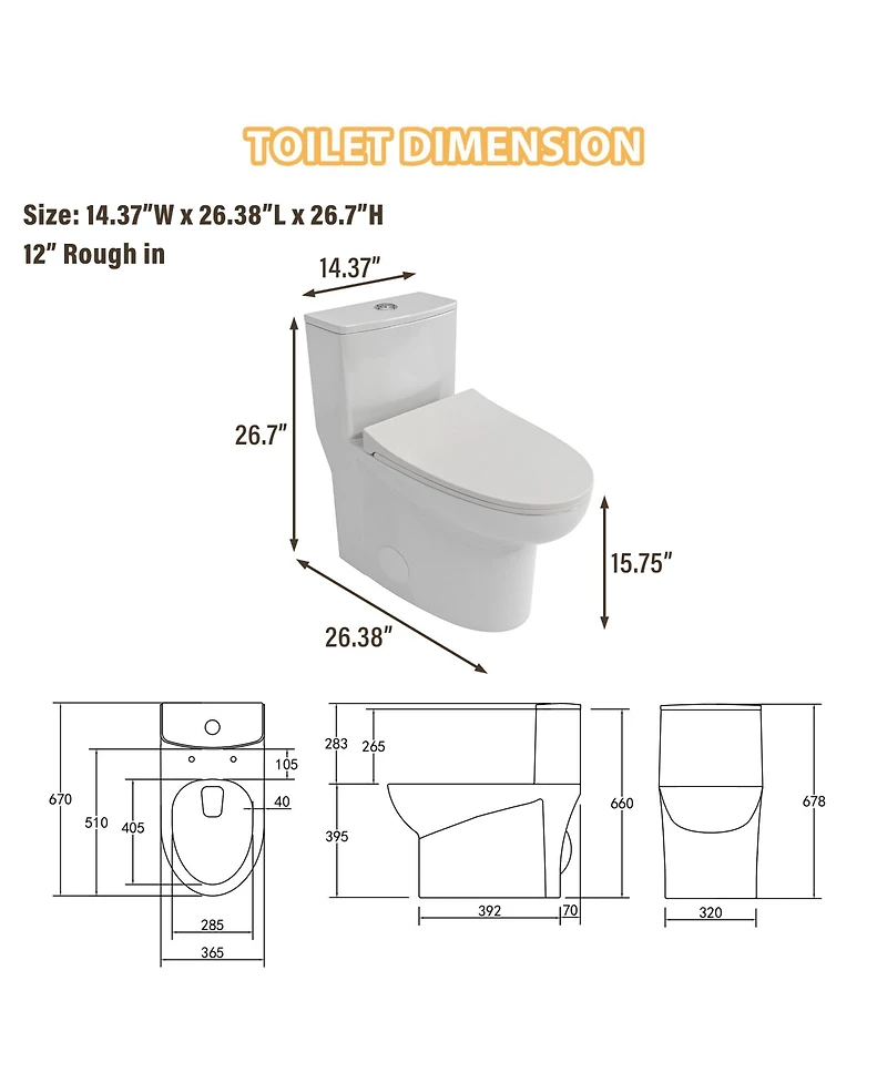 Casainc-One-Piece Dual Flush 1.1/1.6 Gpf Elongated Bathroom Fixture Comfort Seat Height, Soft-Close Seat,Glazed Surface