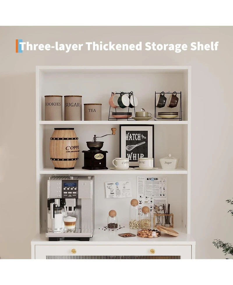 gaomon Kitchen Pantry Cabinet,62 Inch Freestanding Hutch Cupboard with Large Countertop,Glass Doors, Drawer and Adjustable Shelves