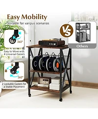 Costway 3-tier Record Player Stand with Metal Dividers Adjustable Shelf & Power Outlets