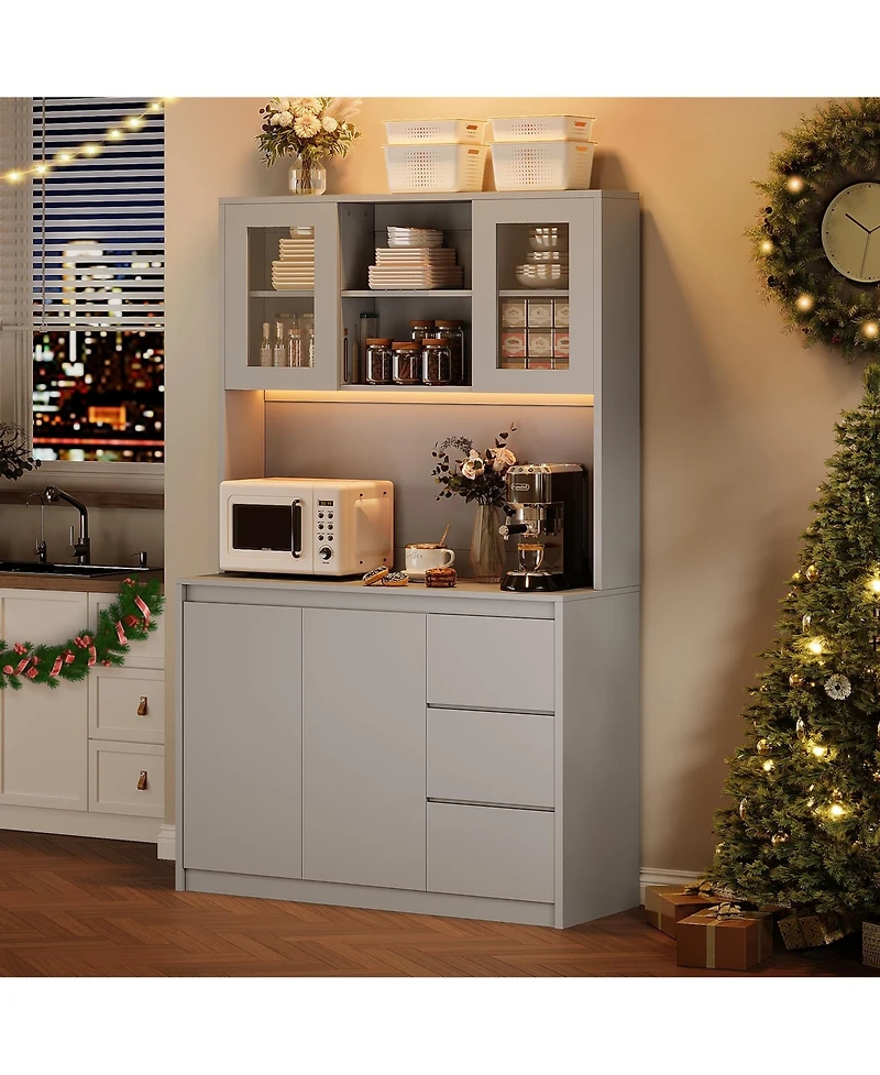 gaomon 71" Pantry Cabinet with Charging Station,Tall Kitchen Pantry Storage Cabinet with Led Lights