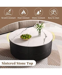 Boyel Living Modern Round Movable Coffee Table with Casters, 2 Drawers, Marble Pattern Sintered Stone Top