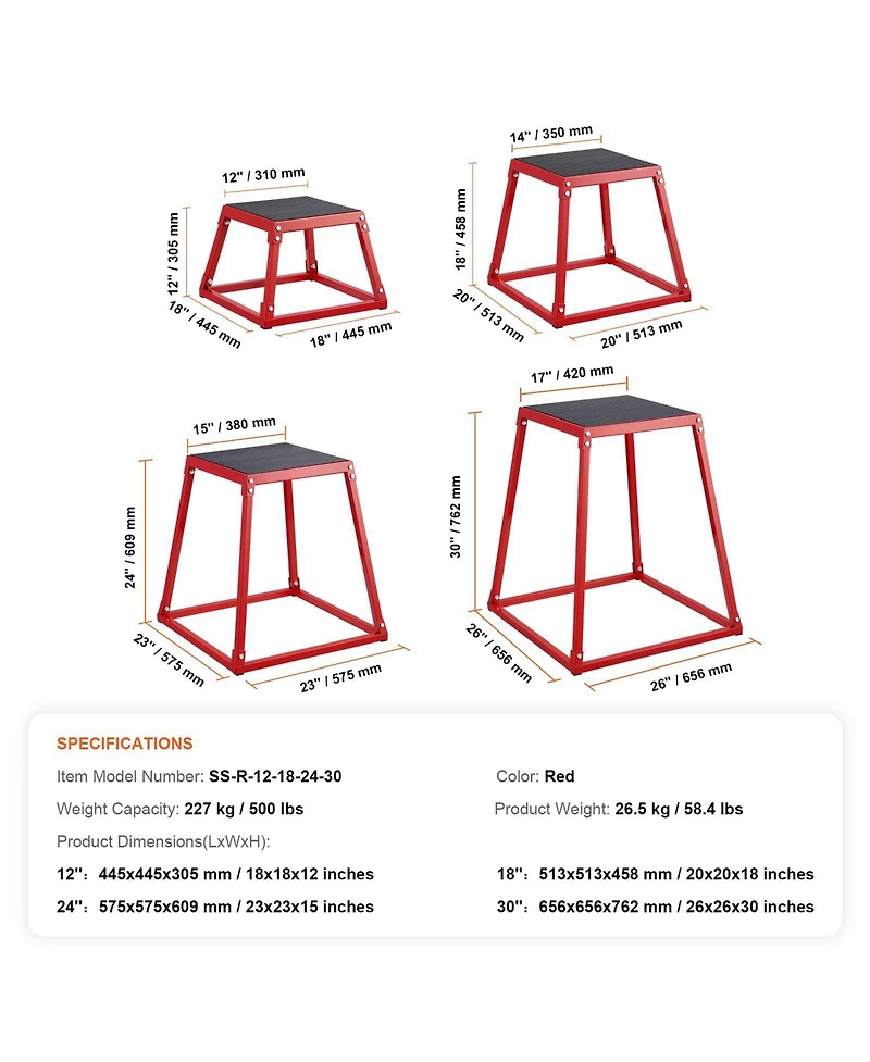 Sugfit Plyo Jump Box Set 12/18/24/30" Agility Training Box Red