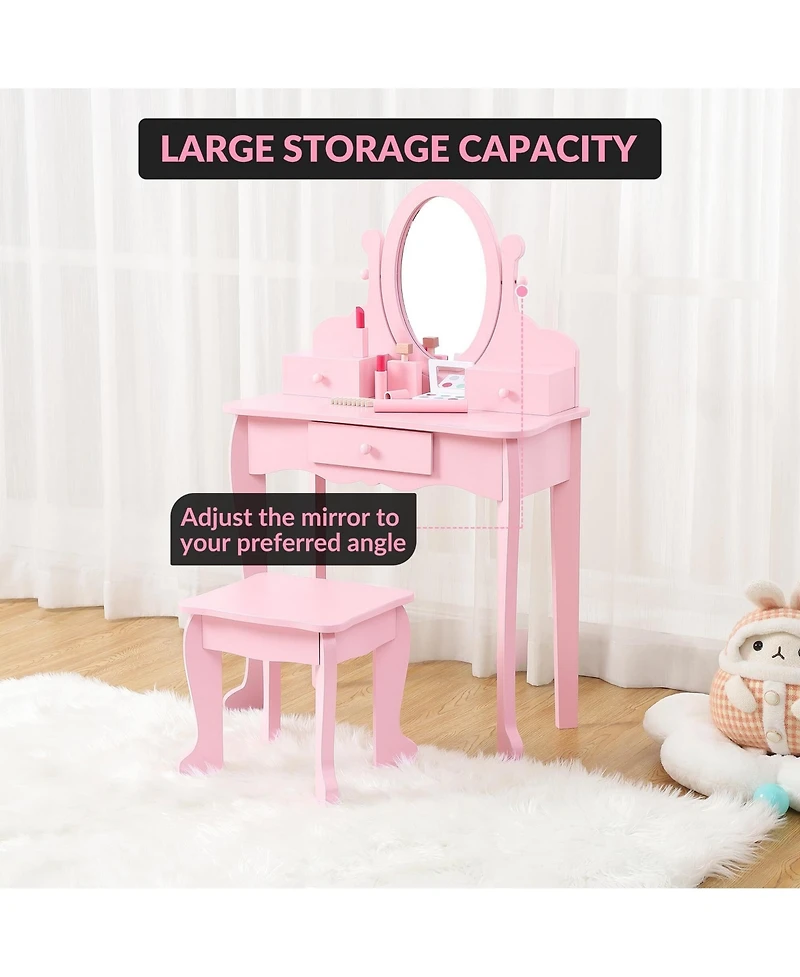 Kids' Vanity Set with Adjustable Mirror, Pretend Play Table and Stool Wood Makeup