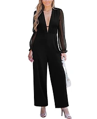 Cupshe Women's Sheer Sleeve Deep V-Neck Wide-Leg Jumpsuit