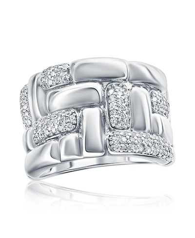 Suzy Levian New York Pave Cubic Zirconia Silver Puff Woven Motif Extra Wide Band Ring