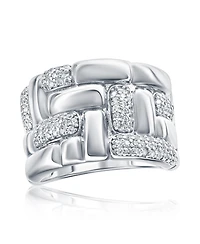 Suzy Levian New York Pave Cubic Zirconia Silver Puff Woven Motif Extra Wide Band Ring