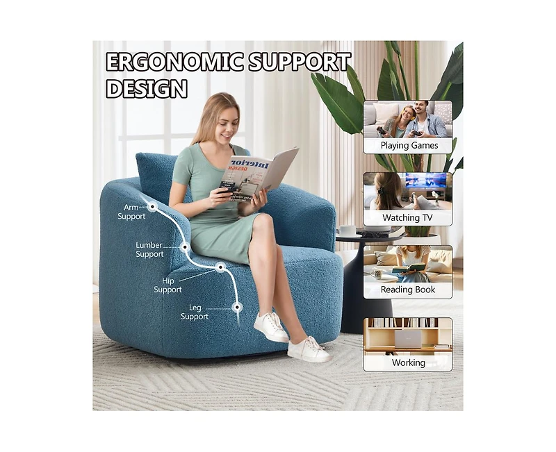 Sumyeg 360°Swivel Round Upholstered Comfy Chair With One Soft Pillow High-Resilience Sponge Single Sofa