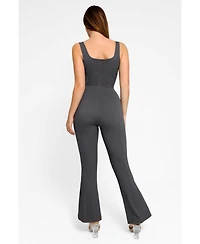 Popilush Women's Shapewear Sculpting Denim Tank Flare Leg Jumpsuit