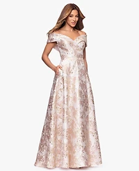 Xscape Petite Off-The-Shoulder Metallic Jacquard Gown