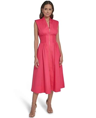 Vince Camuto Women's Smock Waist Front Zip Midi Dress