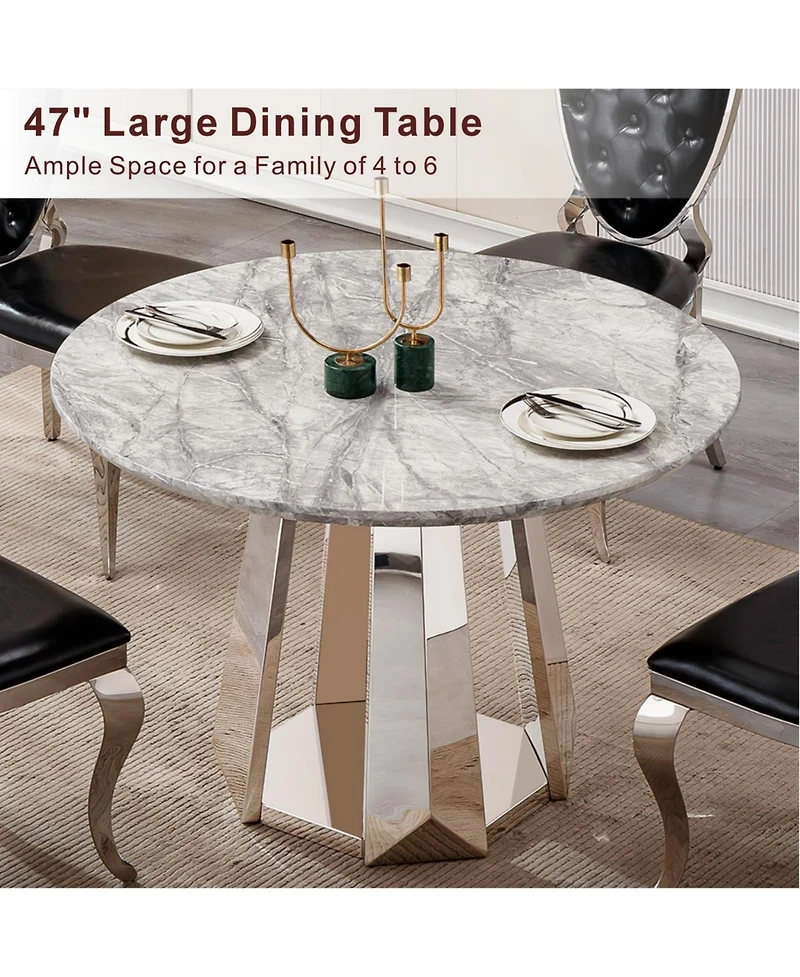 Streamdale Furniture 47" Round Marble Dining Table with Stainless Steel Base