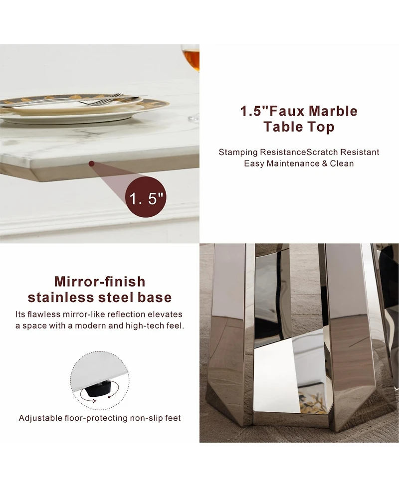 Streamdale Furniture Marble Dining Table for 6 People, 70" Faux Marble & Stainless Steel Base Silver, White