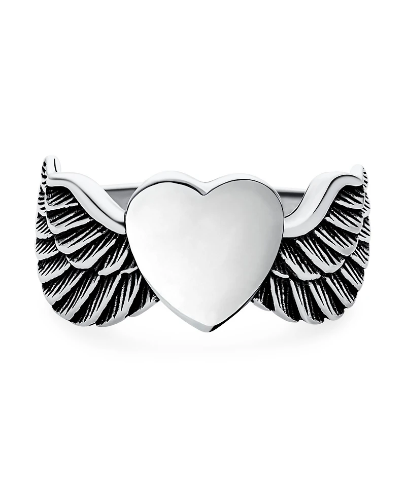 Bling Jewelry Unisex Religious Spiritual Heart Angel Wing Feather Band Ring Oxidized .925 Sterling Silver Or Stainless Steel