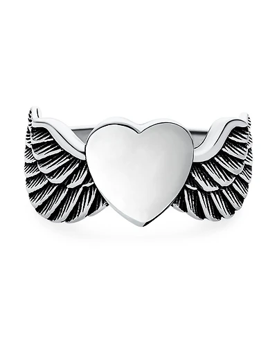 Bling Jewelry Unisex Religious Spiritual Heart Angel Wing Feather Band Ring Oxidized .925 Sterling Silver Or Stainless Steel