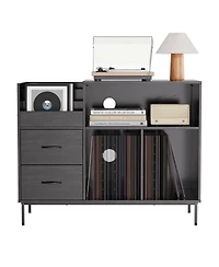 Streamdale Furniture Record Player Stand with Power Outlet, Flip-Down Lid, Storage, Black Wood Grain