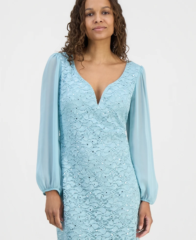 Connected Petite Sequined Lace Blouson-Sleeve Dress