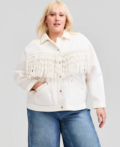 And Now This Trendy Plus Fringe-Trim Cotton Denim Jacket, Macy's Exclusive