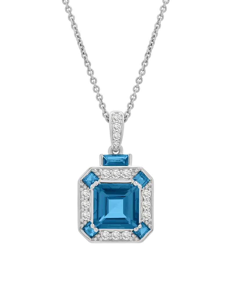 Macy's Lab Grown White Sapphire (2-5/8 ct. t.w.) and London Blue Topaz (2-5/8 ct. t.w.) Square Pendant Necklace in Sterling Silver