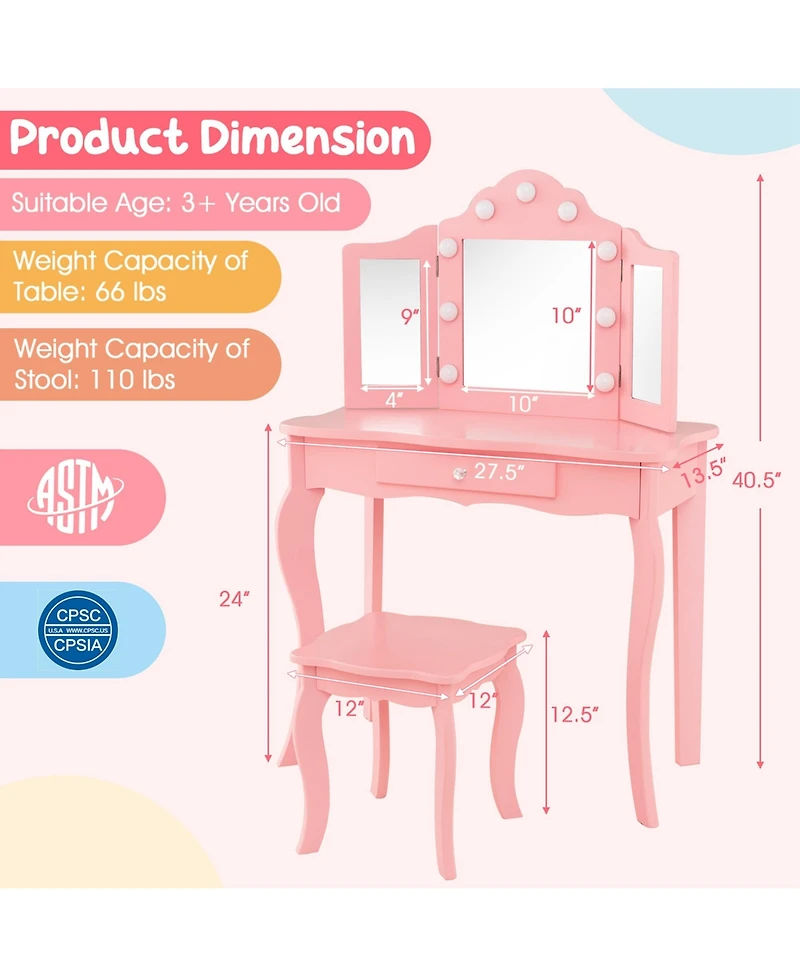 Costway Kid Vanity Table Stool Set Tri-Folding Mirror Adjustable 3-Color Led Light