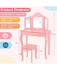 Costway Kid Vanity Table Stool Set Tri-Folding Mirror Adjustable 3-Color Led Light