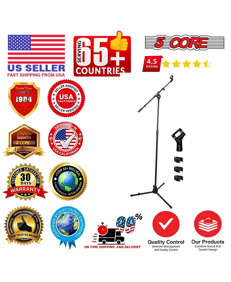 5 Core Mic Stand 2Pcs Adjustable Microphone Stands Floor w 180° Rotating Telescoping Metal Boom Arm