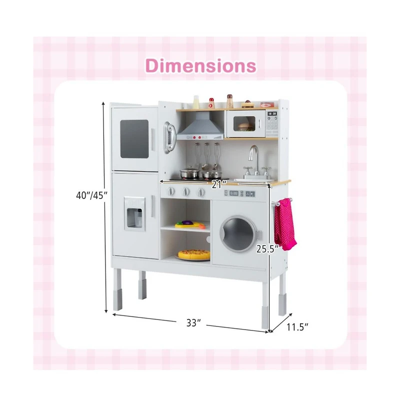 Hongge Kids Adjustable Height Wooden Play Kitchen Set with Accessories and Storage