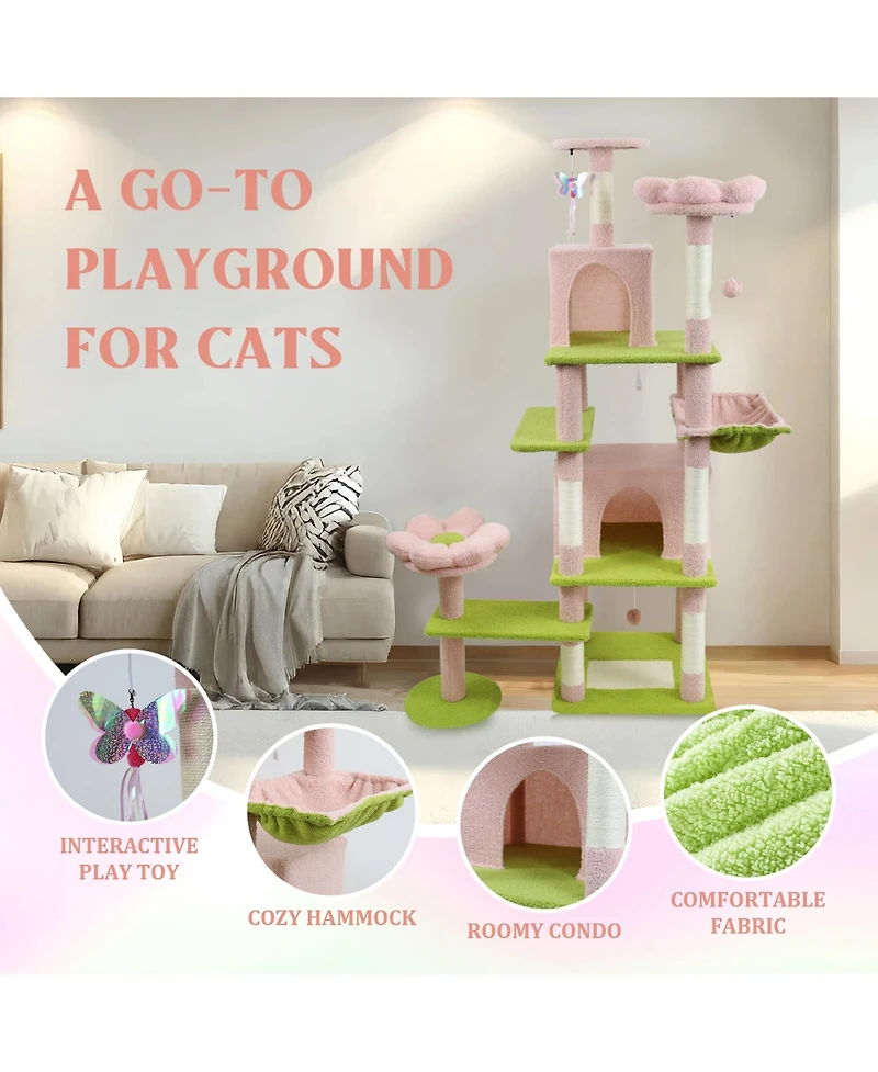 Zeus & Ruta 71 Pink Flower Cat Tree Large Condo Removable Cushion Hammock