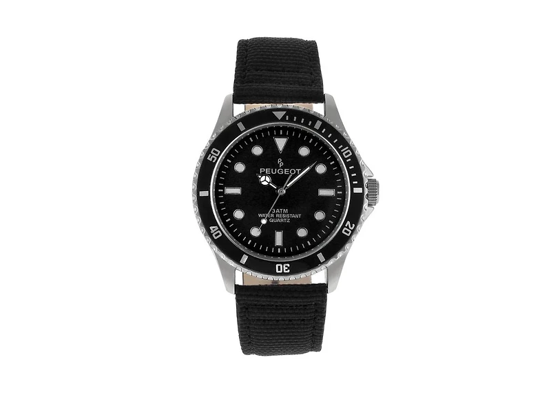 Peugeot Men's 42mm Sport Bezel Watch with Black Dial and Canvas Strap