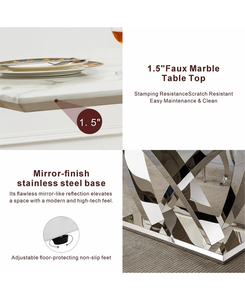 Streamdale Furniture Marble Dining Table for 6, 70" Rectangle Faux Marble Table with Stainless Steel Base.