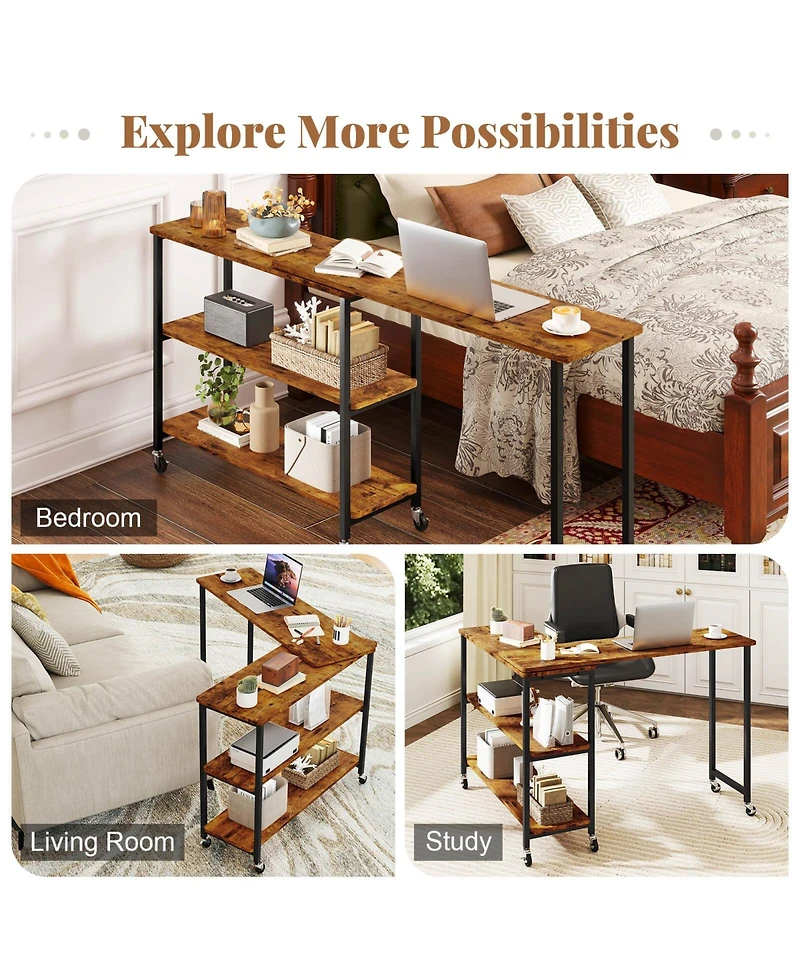 Costway 360° Rotation Mobile Laptop Table with 2-Tier Storage Shelves & 6 Universal Wheels