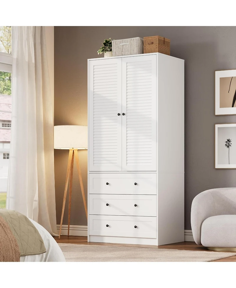 gaomon Modern Armoire Wardrobe Closet with 3 Drawers & 2 Doors, Tall Standing Wooden Cabinet for Hanging Clothes, Heavy Duty Storage