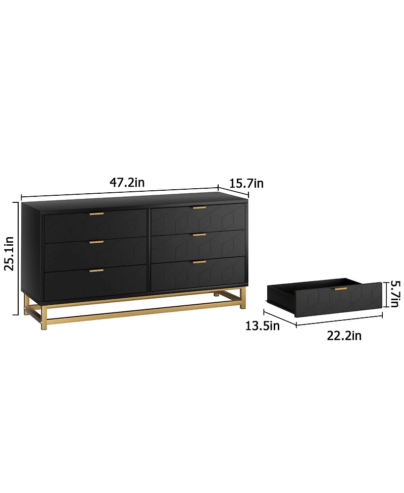 Gaomon 6 Drawer Dresser with Wide Storage, Wood Chest Organizer with Metal Legs, Modern Dresser for Bedroom, Living Room
