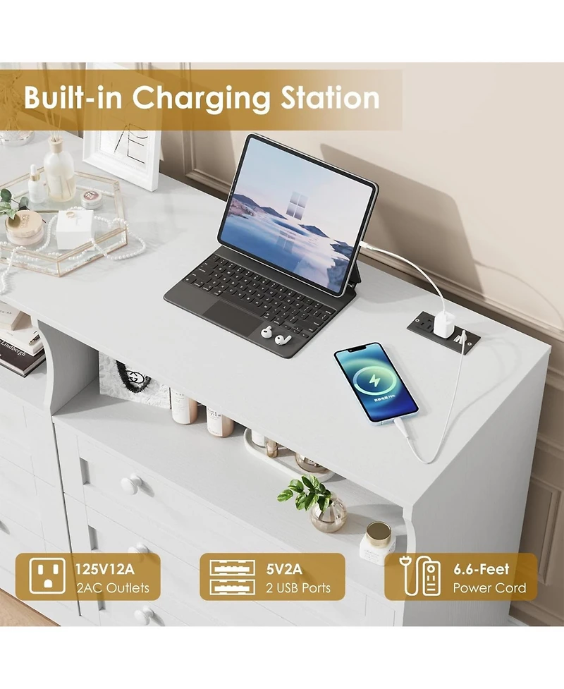 gaomon 6-Drawer Wooden Built-In Power Outlet, Led Light, Handles and Tv Stand Design Dresser