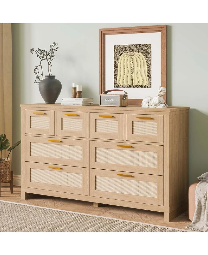 gaomon 8-Drawers Rattan Dresser for Bedroom, Wooden Dresser Chest of Drawers