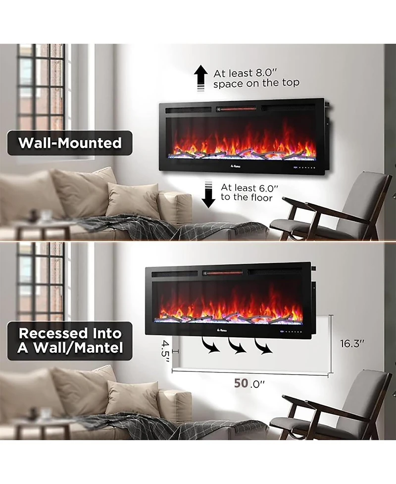 gaomon 88" Recessed & Wall Mounted Electric Fireplace Heater, Multicolor Flame, 750-1500W, WiFi & Remote Control