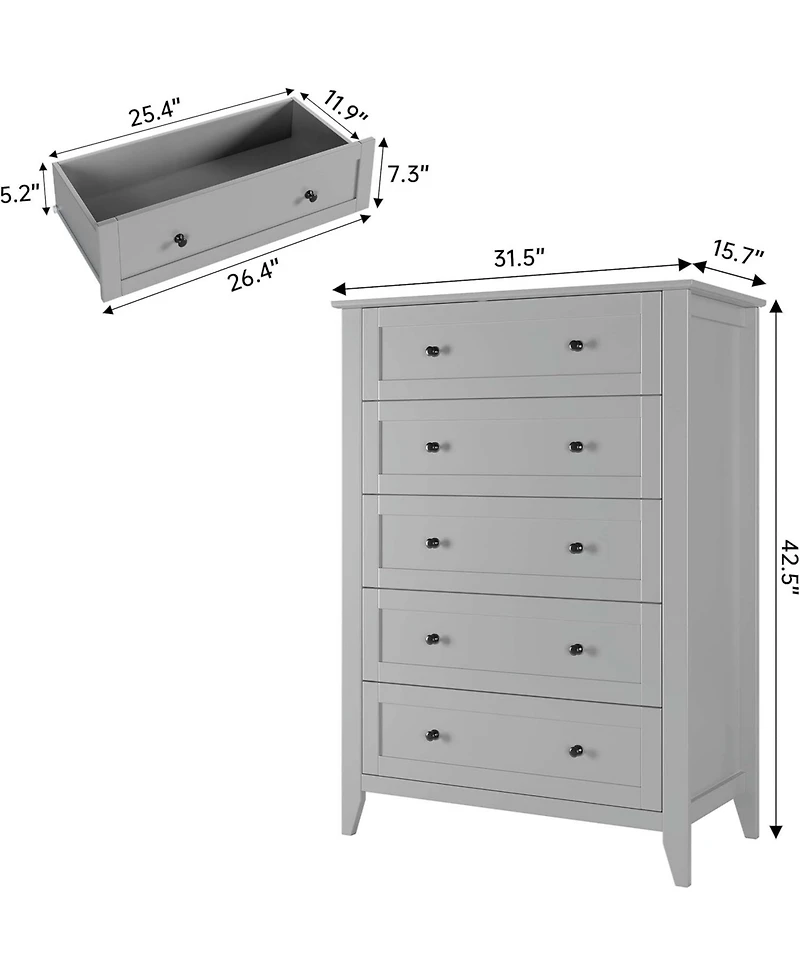 gaomon 5 Drawer Tall Dresser for Bedroom, Wooden Chest with Deep Drawers and Metal Knobs for Hallway or Entryway